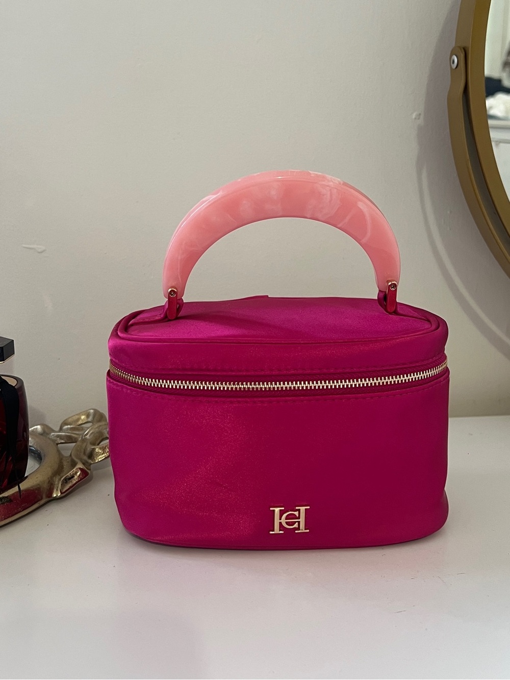 Carolina Herrera Hot Pink Vanity Bag with Pale Pink Acrylic Handle